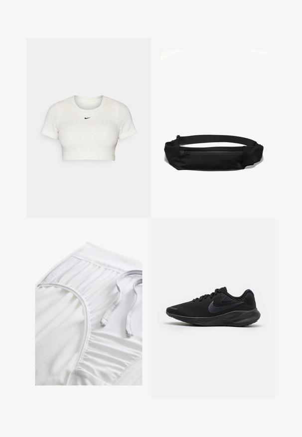 Rövidujjú, kerek nyakú, bordázott anyagból készült, cropped fehér póló; a mellkasán egy kis fekete Nike logóval.; Fehér sportnadrág texturált derékpánttal, ráncolt oldali részletekkel és lapos húzózsinórral. Puha anyag sima felülettel.; Fekete futócipő, légáteresztő hálós felső résszel, textúrázott díszítésekkel, lapos cipőfűzőkkel és szilárd gumitalppal, amelynek enyhe sarka van.; Fekete szövet deréktáska cipzáras zsebbel, állítható pánttal és sima textúrával, a kényelem és praktikusság érdekében tervezve.