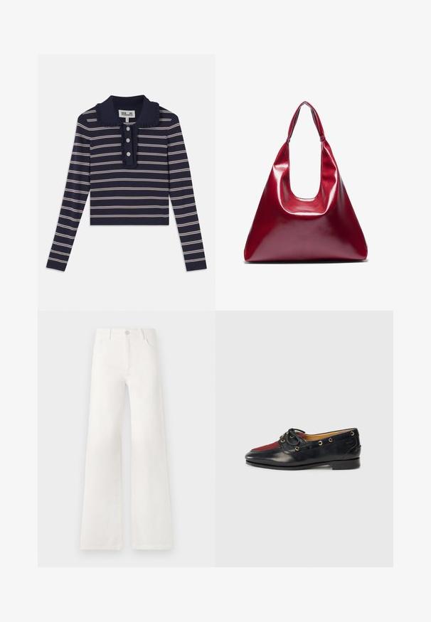 Marineblaues Langarmshirt mit pinken horizontalen Streifen, Rüschensaum und einer Knopfleiste mit drei Knöpfen auf der Vorderseite; aus einem weichen, dehnbaren Material gefertigt.; Weiße, hoch taillierte, weite Jeans aus Denim. Verfügt über einen Knopfverschluss, zwei Fronttaschen und Seitennähte mit Stickdetails.; Schwarze Lederschuhe im Boot-Stil mit einer roten Wildleder-Spitze, goldenen Ösen und einer dekorativen Schleife. Glatte Textur mit einem niedrigen Blockabsatz.; Rote glänzende Lederhandtasche mit dreieckiger Form, breiter Öffnung oben und einem geschwungenen Griff. Glatte Textur mit minimalen Nähdetails.