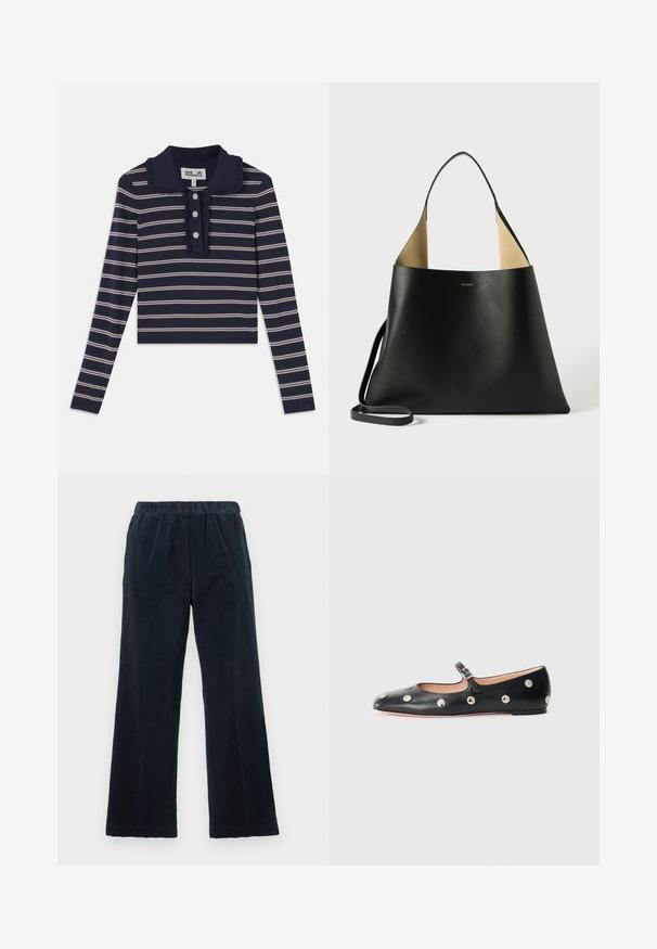Navy long-sleeve shirt with pink horizontal stripes, ruffled collar, and three-button placket at the front; made from a soft, stretchy material.; Navy corduroy trousers with a wide-leg design, elastic waistband, and vertical ribbed texture. Features side pockets and a straight hem.; Black leather Mary Jane flat shoe with a rounded toe, featuring silver circular studs and an adjustable strap with a buckle.; Black leather tote bag with a spacious, angular design. Features a contrast tan interior and thin shoulder strap. Minimalist branding displayed.