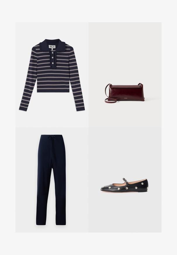 Jūrinės mėlynos ilgos rankovės marškiniai su rožinėmis horizontaliomis juostelėmis, volanginiu apykakle ir trimis mygtukais priekyje; pagaminti iš minkštos, elastingos medžiagos.; Tamsiai mėlynos kelnės, pagamintos iš minkštos medžiagos, turinčios raištelių juosmenį, tiesias kojas ir lygų tekstūrą be raštų ar akcentų.; Juodų odinių Mary Jane plokščių batų su apvaliu pirštu, papuoštų sidabriniais apvaliais nagais ir reguliuojamu dirželiu su sagtimi.; Burgundi odos pernašama kuprinė su lygiu paviršiumi, stačiakampio formos, su užsegimu ant sklendės ir plonu reguliuojamu dirželiu. Matomas auksinis logotipas.