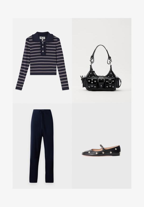 Navy long-sleeve shirt with pink horizontal stripes, ruffled collar, and three-button placket at the front; made from a soft, stretchy material.; Navy blue trousers made of soft fabric, featuring a drawstring waist, straight legs, and a smooth texture without patterns or accents.; Black leather Mary Jane flat shoe with a rounded toe, featuring silver circular studs and an adjustable strap with a buckle.; Black leather handbag with a curved design, featuring silver studs, a buckle, and two side pockets. Adjustable strap for carrying options.