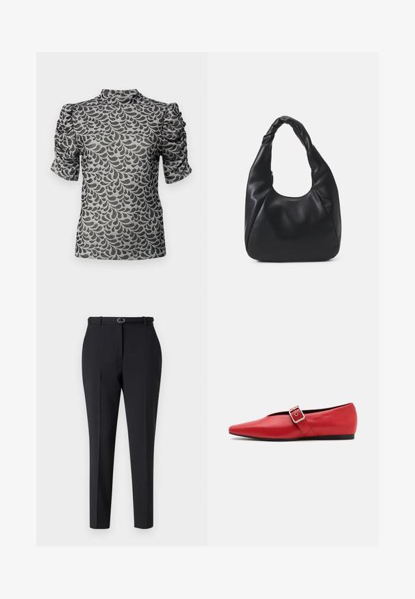 Krátky rukáv top v sivej látke s čiernym vzorom listov. Obsahuje vysoký výstrih a zberané rukávy, čím vytvára textúrovaný dizajn.; Čierne priliehavé nohavice so štíhlym strihom, s pásom na opasok a jedným kovovým krúžkom na prednej strane. Hladká textúra látky.; Červená kožená balerína s špicatou špičkou, vybavená bočným popruhom s kovovou prackou a nízkym čiernym podpätkom. Hladká textura po celom povrchu.; Čierna kabelka typu hobo z hladkého materiálu podobného kože s prekrútenou rukoväťou, s jemným, zaobleným tvarom a vrchným zipsom.; Strieborné kruhové náušnice s minimalistickým dizajnom. Cirkulárny tvar, hladký povrch a tenký profil. Ľahké s lesklým povrchom.