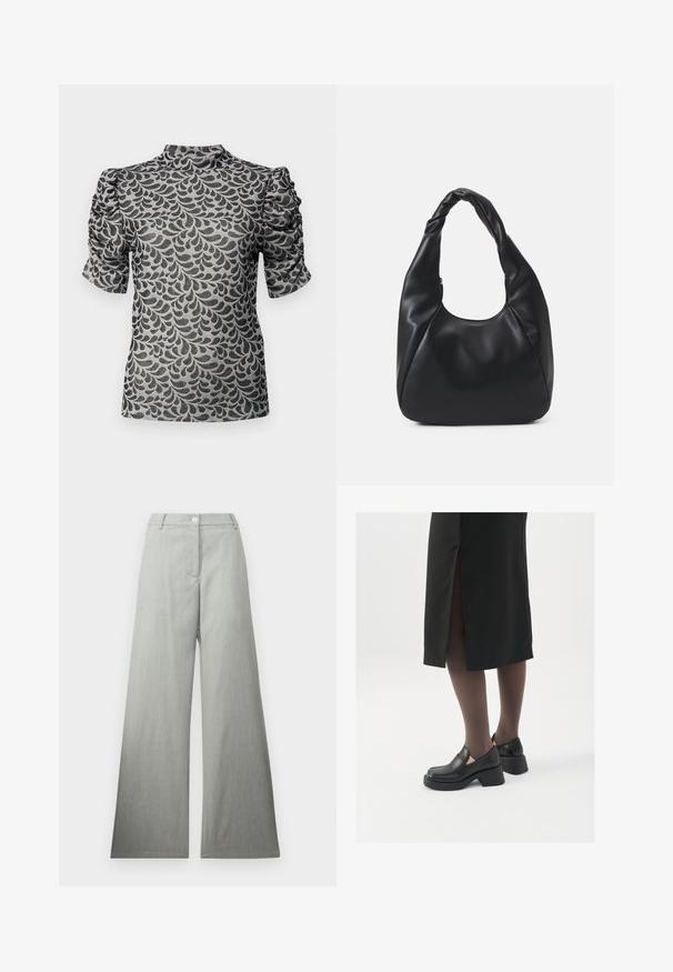 Trumpas rankovės viršus pilkos spalvos audinyje su juodu lapų raštu. Turi aukštą kaklą ir surinktas rankoves, sukuriant tekstūrinį dizainą.; Šviesiai pilki plačios kojų kelnės, pagamintos iš tekstūruotos medžiagos, su priekiniais mygtukais ir švaria, lygiagrečia juosmens linija. Nėra matomų raštų ar akcentų.; Juodos odinės bateliai su apvaliu nosiu, stora blokine pakulne ir elastingais šonais, derinami su tamsiomis pėdkelnėmis ir juoda sijonu su plyšiu.; Juodas hobo krepšys, pagamintas iš lygaus odos panašaus materiaus, su susuktos rankenos, turintis minkštą, apvalią formą ir viršutinį užtrauktuką.; Sidabrinės pusmėnulio auskarai minimalistiniu dizainu. Apskritimo forma, lygus paviršius ir plonas profilis. Lengvi su poliruotu apdailu.