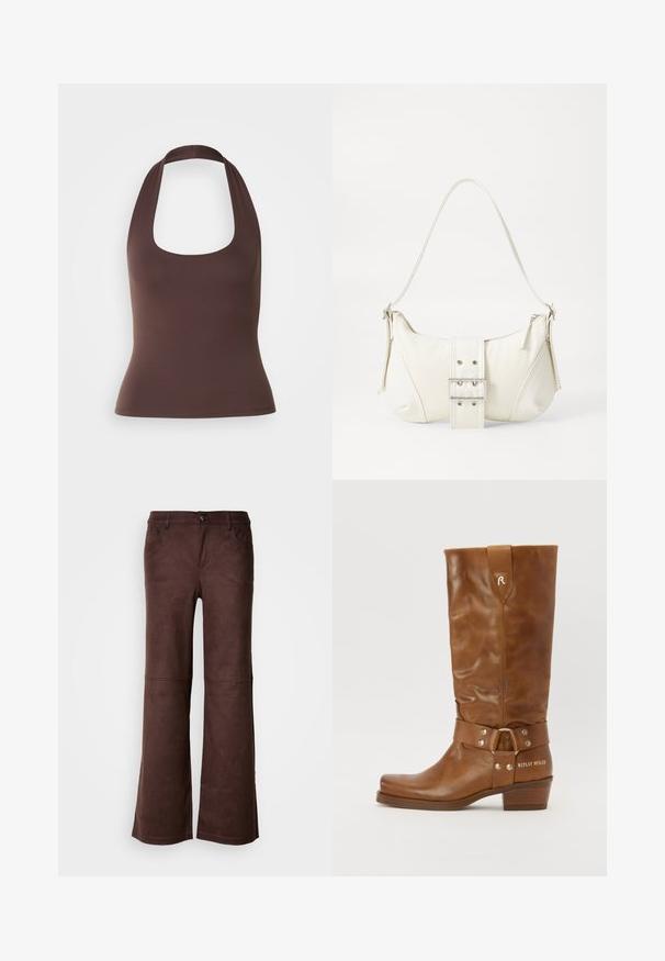 Pruun, varrukateta kaelaõõnega halter-top. Valmistatud siledast, venivast kangast, omab see keha lähedast siluetti ja nähtavaid sulgemisi pole.; Pruunid laiad püksid pehmest, nahkjas kangast. Omavad nelja taskut, nööbiga kinnitamist ja siledat, tekstuurset pinda.; Pruunist nahast põlvini ulatuv saabas, millel on lõdva disain, varustatud rihma ja metallist detailidega ning plokknäpikuga. Küljel on tekst "REPLAY MFG.CO".; Valge õlakott tekstuuriga viimistlusega, keskel kinnitatud pandlaga ja kõverate kujunditega. Tõmblukuga kinnitused mõlemal küljel.