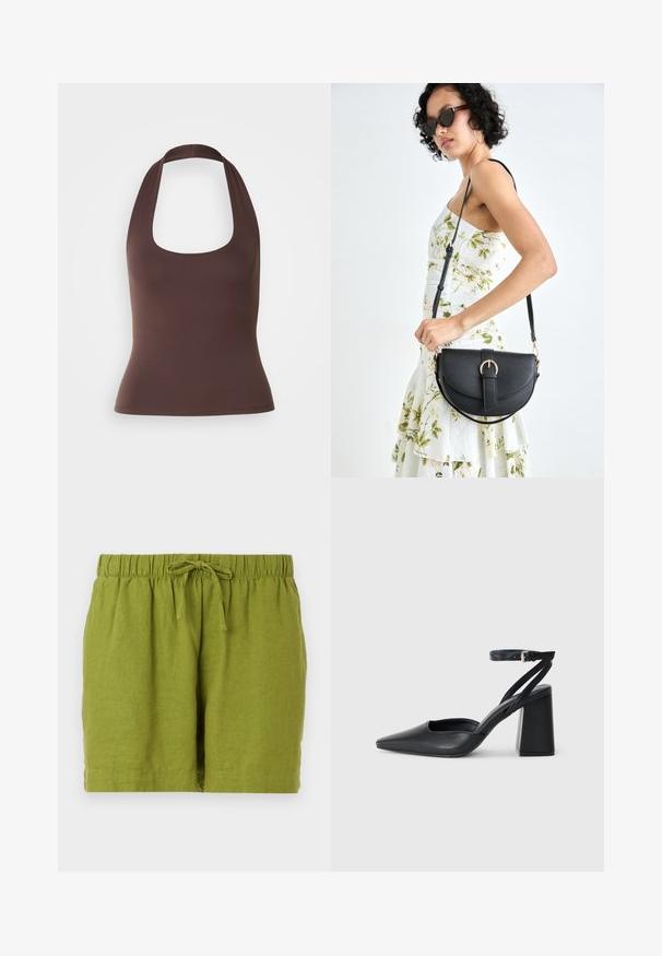 Brązowy, bezrękawnikowy top halter z okrągłym dekoltem. Wykonany z gładkiego, elastycznego materiału, ma dopasowany krój i brak widocznych zapięć.; Zielone lniane szorty z elastyczną talią i regulowanym sznurkiem, charakteryzujące się luźnym krojem i prostym dołem.; Czarne skórzane czółenka z ostrym noskiem, z paskiem na kostce i grubym obcasem. Gładka faktura, elegancki design i minimalistyczna estetyka.; Czarna skórzana torebka o zakrzywionym kształcie, z odpinanym paskiem i złotymi akcentami. Torebka posiada klapę z zapięciem w kształcie klamry.