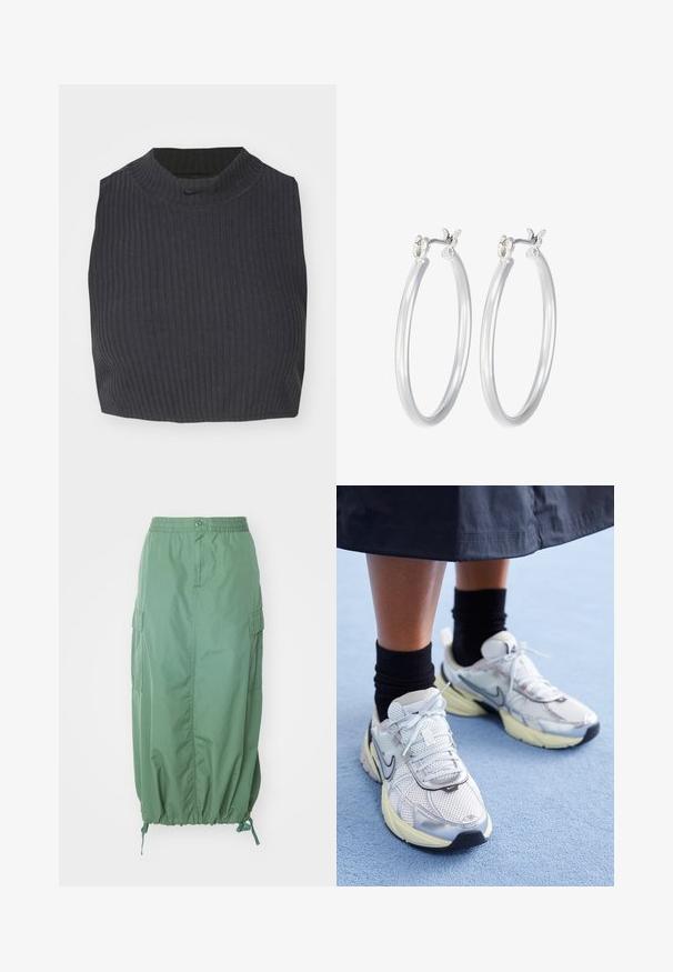 Zkrácený žebrovaný top v tmavě námořnické modři, s vysokým výstřihem a subtilním logem Nike. Materiál má texturovaný, elastický vzhled.; Carhartt WIP CARGO SKIRT - Áčková sukně - duck green rinsed; Bílé a stříbrné tenisky Nike z prodyšné tkaniny s reflexními akcenty a béžovou podrážkou. Nosené s černými ponožkami, stojící na modrém povrchu.; Stříbrné kruhové náušnice s hladkým, lesklým povrchem. Kulatý tvar a bezpečné zapínání na klip. Lehký design vhodný pro každodenní nošení.