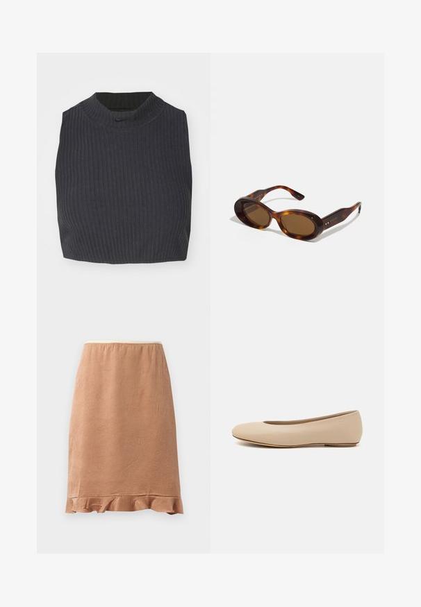 Tumesama ribaga tipp tumesinis sinises, millel on kõrge kaelus ja diskreetne Nike logo. Kangas on tekstuuriga ja veniv.; Pruun tekstuuriga seelik, millel on laineline äär, valmistatud pehmest kangast, mis langeb kergelt. Seeliku disainis on mugavuse tagamiseks elastne vöökoht.; Beeži nahk balletitossud ümarate varvastega, minimaalse õmbluse detailiga, madala kanna ja diskreetse logoga taga. Sile, mati tekstuur.; Kilpkonnakilbi päikeseprillid ovaalsete läätsedega, pruunis toonis ja kuldsete aksentidega käepidemetel. Paksed raamid läikiva viimistluse ja siledaga tekstuuriga.