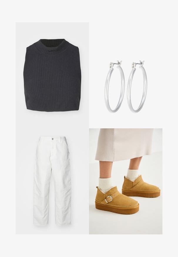 Cropped ribbed top in dark navy, featuring a high neckline and a subtle Nike logo. The fabric has a textured, stretchy appearance.; White cargo pants made of denim, featuring a relaxed fit, side pockets, and visible stitching details. Plain front with a button closure.; Tan suede ankle boots with a flat sole, featuring a buckle strap and a plush inner lining, paired with ribbed cream socks.; Silver hoop earrings with a smooth, polished finish. Round shape and secure click-top closure. Lightweight design suitable for everyday wear.