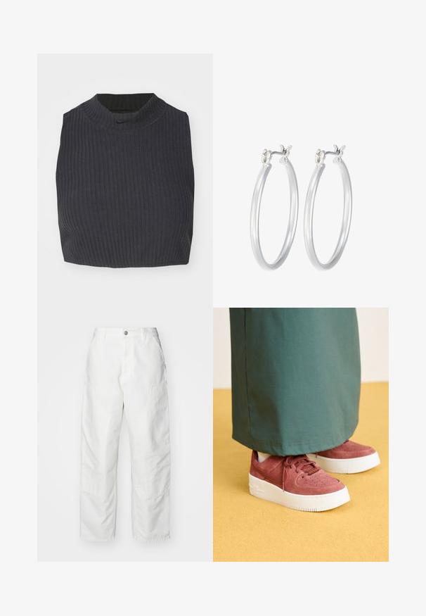 Przycięty top o prążkowanej fakturze w ciemnym granacie, z wysokim dekoltem i subtelnym logo Nike. Tkanina ma teksturowany, elastyczny wygląd.; Białe spodnie cargo wykonane z denimu, o luźnym kroju, z bocznymi kieszeniami i widocznymi detalami szwów. Gładki przód z zapięciem na guzik.; Nike Sportswear AF1 SAGE brązowy; Srebrne kolczyki w formie kółek o gładkim, polerowanym wykończeniu. O okrągłym kształcie i pewnym zapięciu na klik. Lekka konstrukcja odpowiednia do codziennego noszenia.