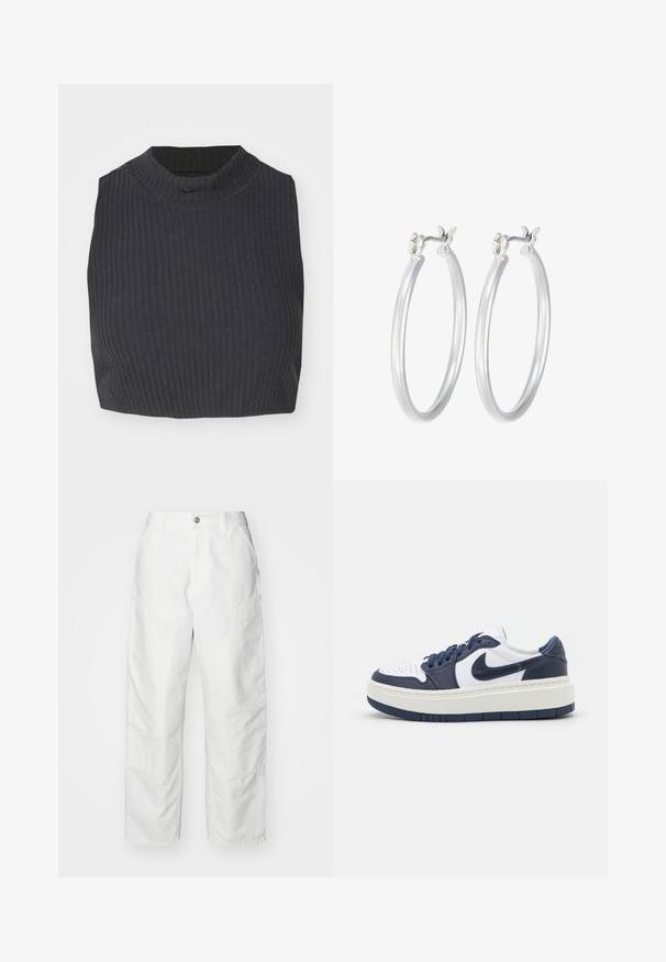 Tumesama ribaga tipp tumesinis sinises, millel on kõrge kaelus ja diskreetne Nike logo. Kangas on tekstuuriga ja veniv.; Valged teksapüksid, millel on lõdvema lõikega, küljetaskud ja silmapaistvad õmblused. Ees on ühtlane, nööbiga sulgemine.; Valge ja tumesinine madal profiil, paksu tallaga tenniseking, Nike swooshi logo, lipsuga disain ja perforatsioonidega varvas, külgvaade valgel taustal.; Hõbedased rõngaskõrvarõngad, millel on sile, läikiv viimistlus. Ümmargune kuju ja turvaline klõpsulatus. Kerge disain, sobib igapäevaseks kandmiseks.