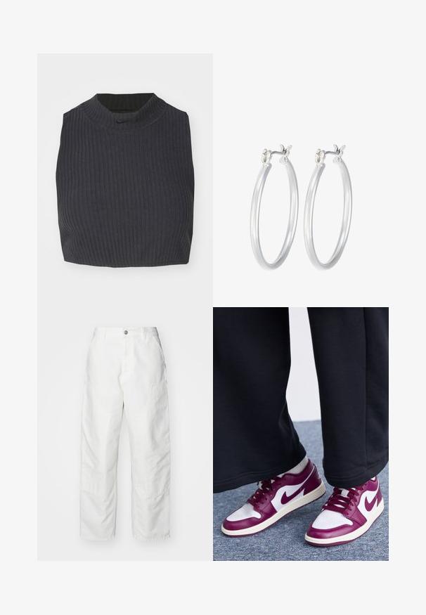 Tumesama ribaga tipp tumesinis sinises, millel on kõrge kaelus ja diskreetne Nike logo. Kangas on tekstuuriga ja veniv.; Valged teksapüksid, millel on lõdvema lõikega, küljetaskud ja silmapaistvad õmblused. Ees on ühtlane, nööbiga sulgemine.; Jordan AIR JORDAN 1 - Tossud - white/bordeaux/sail; Hõbedased rõngaskõrvarõngad, millel on sile, läikiv viimistlus. Ümmargune kuju ja turvaline klõpsulatus. Kerge disain, sobib igapäevaseks kandmiseks.