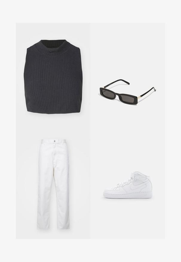Cropped ribbed top in dark navy, featuring a high neckline and a subtle Nike logo. The fabric has a textured, stretchy appearance.; White cotton trousers with a straight fit, featuring a front button closure, belt loops, and side pockets. Smooth texture, no patterns.; White high-top sneakers made of leather with a padded collar, perforated toe, laces, and adjustable ankle strap; logo on the side.; Black rectangular sunglasses with dark lenses, glossy plastic frames, and gold accents on the temples. Minimalist design and sleek shape.