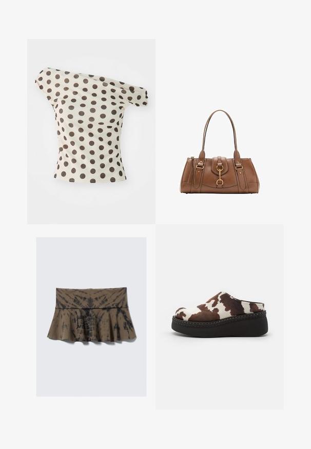 Off-the-shoulder top in beige cotton with large brown polka dots, featuring a fitted silhouette and rolled sleeves.; Brown tie-dye flared skirt with a fitted waist, featuring black accents in a swirling pattern. Made of soft stretchy material.; Brown and white cow-print platform clogs with a soft upper, rounded toe, and a durable black rubber sole. Seamed detailing at the base.; Brown leather handbag with dual handles, gold hardware accents, and structured design. Features a central flap with a loop detail.