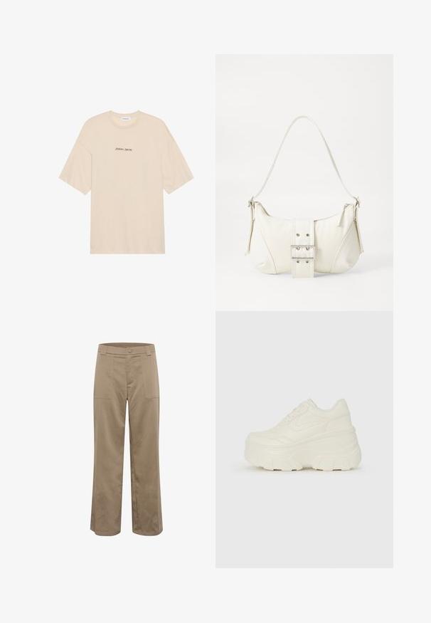 Beige bavlněné tričko s volným střihem, krátkými rukávy a kulatým výstřihem. Na přední straně je černý potisk "Positive Sincere".; Khaki široké kalhoty rovného střihu, vyrobené z texturované tkaniny, s dvěma předními kapsami a zapínáním na knoflík v pase.; Bílé platformové tenisky s hladkým svrškem podobným kůži, zaobleným tvarem, polstrovaným límcem a texturovanou gumovou podrážkou s vyznačenými vzory.; Bílá kabelka na rameno s texturovaným povrchem, centrálním akcentem v podobě spony a zakřiveným tvarem. Zipové uzávěry na obou stranách.