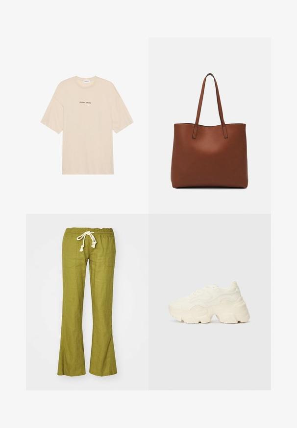 Beige pamut póló laza szabással, rövid ujjú és kerek nyakkivágással. A "Positive Sincere" felirat fekete színben van nyomtatva az elején.; Zöld lenvászon bő szárú nadrág, rugalmas derékrésszel és állítható zsinórral. Két oldalsó zsebe van, és sima tapintású.; Tömbös fehér sneakers, amely texturált hálóból és szintetikus anyagokból készült, vastag talppal és bonyolult mintázattal az oldalakon.; Barna bőr vászontáska sima textúrával, nyitott tetejű dizájnnal és két vállpánttal. Minimális varrással és látható hardver nélkül készült.