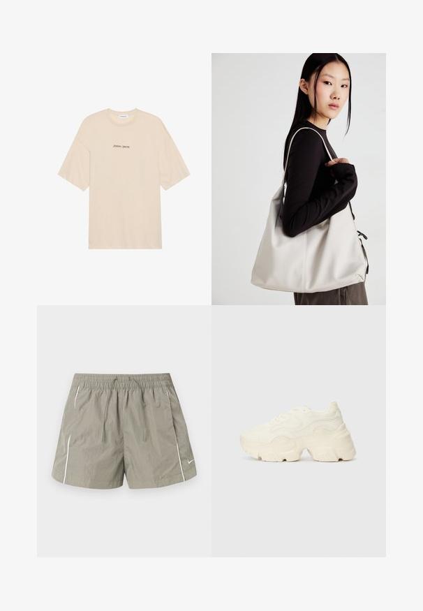 Bēša kokvilnas T-krekls ar brīvu piegriezumu, ar īsām piedurknēm un apaļu kakla izgriezumu. Priekšpusē melnā krāsā uzdrukāts teksts "Pozitīvi Sirsnīgi".; Zaļas neilona šortus ar elastīgu jostu, auklu, sānu kabatām un baltām akcentiem gar šuvēm. Viegls, nesagriežams audums.; Masīvi balti sportisti, kas izgatavoti no strukturēta sieta un sintētiskajiem materiāliem, ar biezu zoli un sarežģītām rakstu detaļām gar sāniem.; Bežs rokassoma, izgatavota no mīksta materiāla, ar brīvu dizainu, izšūtu apdari un divām plecu siksnām. Piemērota ikdienas lietošanai.