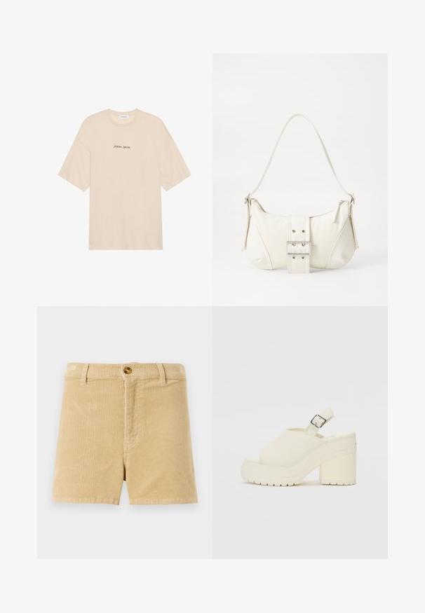 Beige bomulls t-skjorte med avslappet passform, med korte ermer og rund halslinning. "Positive Sincere" trykket i svart på forsiden.; Khaki cordshorts i kordfløyel med en strukturert ribbet mønster, med frontknapp og to sidelommer. Klassisk rett snitt design.; Hvite plattformssko med åpen tå og slingback-stropp. Laget av teksturert materiale, med en tykk såle med grep-mønstre.; Hvit skulderveske med teksturert overflate, sentral spennefokus og buet form. Glidelåslukking på begge sider.