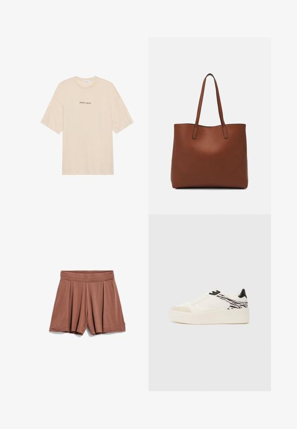 Beige Baumwoll-T-Shirt mit lockerer Passform, ausgestattet mit kurzen Ärmeln und einem Rundhalsausschnitt. Auf der Vorderseite ist "Positive Sincere" in Schwarz aufgedruckt.; ARMEDANGELS AAREZU - Shorts - nutshell; Even&Odd Sneaker low - white/black; Braune Leder-Tote mit glatter Textur, offenem Oberteil und zwei Schulterriemen. Verfügt über minimale Nähte und keine sichtbaren Beschläge.