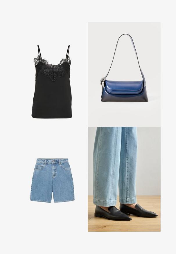 Zwarte camisettop met een kanten rand langs de halslijn en verstelbare dunne bandjes. Glad fabric met een losse pasvorm.; Lichtblauwe denim shorts met een hoge taille, vier zakken en zichtbare stiksels. Gemaakt van gestructureerde denimstof.; Zwarte leren schoenen met een spitse neus en instapontwerp, gecombineerd met lichtblauwe wijde jeans, op een houten vloer.; Marineblauwe leren handtas met een gladde afwerking, met een ronde vorm, gevouwen bovenkant en een enkele schouderband. Inclusief zilveren accenten.; Drie haarscrunchies: één van zwarte stof, één van witte stof en één zwart met een textuurpatroon in zilver en randen. Zacht, gelijkmatig ontwerp.