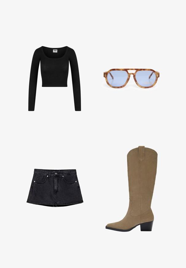 Haut cropped noir à manches longues avec un décolleté rond, fabriqué en tissu côtelé. Présente une silhouette ajustée et une texture douce.; Jupe en denim noir avec une taille cintrée, un design à cinq poches, une fermeture traditionnelle par bouton et zip, et un ourlet légèrement évasé.; Bottes en suède beige jusqu'aux genoux avec un bout pointu, un talon empilé et des détails de couture le long des côtés. Texture lisse et design structuré.; Lunettes de soleil écaille de tortue avec des verres bleus, design angulaire, monture épaisse et découpe au niveau du nez ; dispose d'un accent doré sur la branche.
