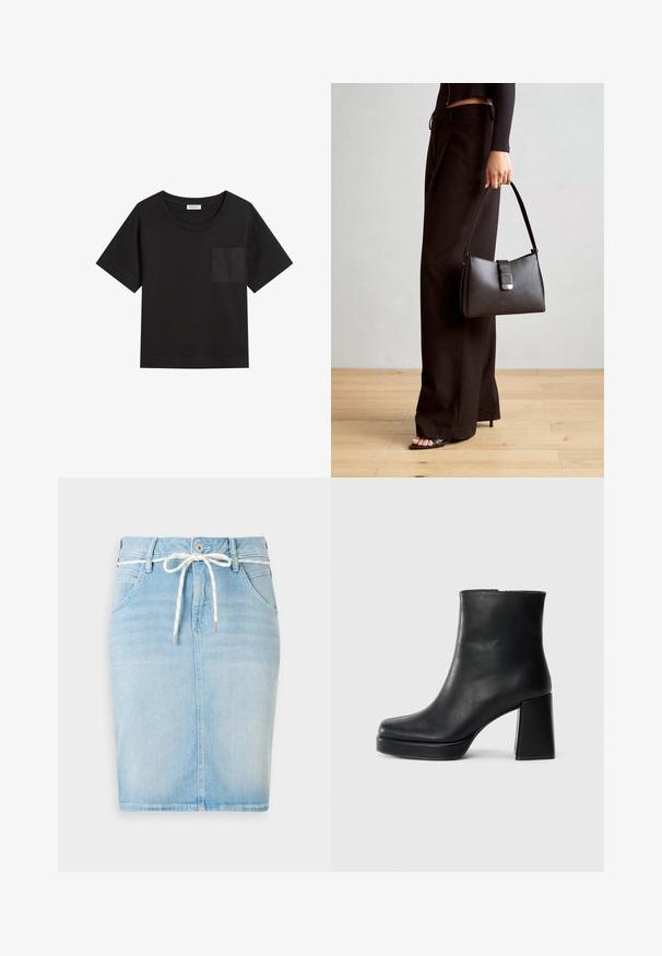 Must musta T-särk ümmarguse kaelusega ja lühikeste varrukatega. Vasakul rinnal on paigaldatud tasku ja särk on lõdvema istuvusega.; Heledad sinine denim-seeliku, millel on paelaga vöökoht, viis taskut ja sirge siluett. Omab õrna pleekinud mustrit kogu ulatuses.; Must musta ankle boot, milleplokk-konts ja platvormi tallaga, vaadatud küljelt ühetoonilise valge tausta peal.; Must musta kott, millel on struktureeritud kuju, sile tekstuur ja metallist klamber. Kombineeritud laiate mustade pükstega ja avatud varvaste sandaalidega puidust põrandal.