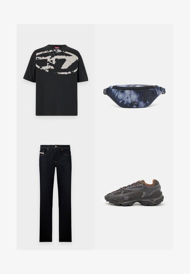 Juodas marškinėlis su dideliu, abstrakčiu šviesiai pilku piešiniu priekyje. Trumpa rankovė ir klasikinis apvalus iškirpimas. Pagamintas iš medvilnės.; Tamsiai mėlynos džinsinės kelnės su tiesiais lankais, puoštos oranžinėmis siūlėmis ir etikete priekiui kišenėje. Metalinė mygtukų uždarymo sistema.; Lacoste sportbačiai tamsiai pilki, pagaminti iš tinklinės ir sintetinių medžiagų, su tekstūruotu padu ir rudomis detalėmis ant apykaklės bei prekės ženklo.; Tamsiai mėlyna fanny pakelė su tamsių dažų raštu, užtrauktuku viršuje, tekstūruota medžiaga ir akcentuota logotipo detalė priekyje.