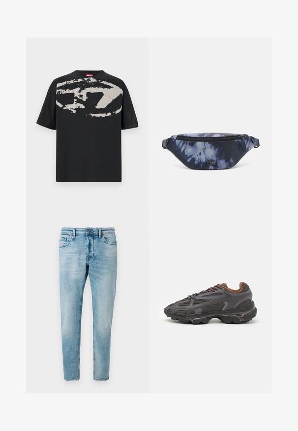 Melna T-krekls ar lielu abstraktu gaiši pelēku grafiku uz priekšpuses. Īsas piedurknes un klasiska noapaļota apkakle. Kokvilnas materiāls.; Svieši zilie džinsi ar šauru piegriezumu, kas aprīkoti ar sānu kabatām un pogu aizdari. Audums ir mīksts ar struktūrētu virsmu.; Lacoste kedas tumši pelēkā krāsā ar acu audumu un sintētisko materiālu, ar teksturētu zoli un brūniem akcentiem apkaklītē un zīmola uzrakstā.; Tums soma tumšzilā krāsojumā ar rāvējslēdzēju augšpusē, teksturēta materiāla un izcili redzamu logotipu priekšā.