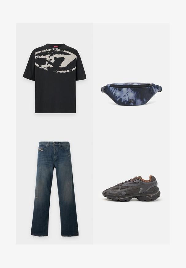 T-shirt noir avec un grand motif abstrait gris clair sur le devant. Manches courtes et encolure ronde classique. Matière en coton.; Jeans en denim bleu au design à jambes droites, texture délavée, ourlet effiloché et détails usés sur la poche avant et la cuisse.; Baskets Lacoste en gris foncé, en matériau mesh et synthétique, avec une semelle texturée et des accents marron sur le col et le branding.; Sac banane en imprimé tie-dye bleu marine avec un dessus zippé, en matériau texturé et un logo en évidence sur le devant.