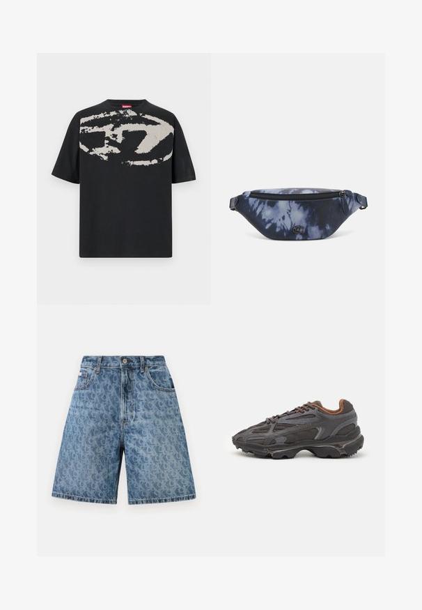Camiseta negra con un gran gráfico abstracto en gris claro en la parte frontal. Mangas cortas y un cuello redondeado clásico. Material de algodón.; Shorts de mezclilla en azul claro con un sutil patrón de leopardo, que cuentan con una cintura clásica, trabillas para cinturón y bolsillos frontales.; Zapatillas Lacoste en gris oscuro con material de malla y sintético, que cuentan con una suela texturizada y detalles en marrón en el cuello y la marca.; Riñonera en estampado de tie-dye azul oscuro con cremallera en la parte superior, material texturizado y un detalle de logotipo prominente en la parte frontal.