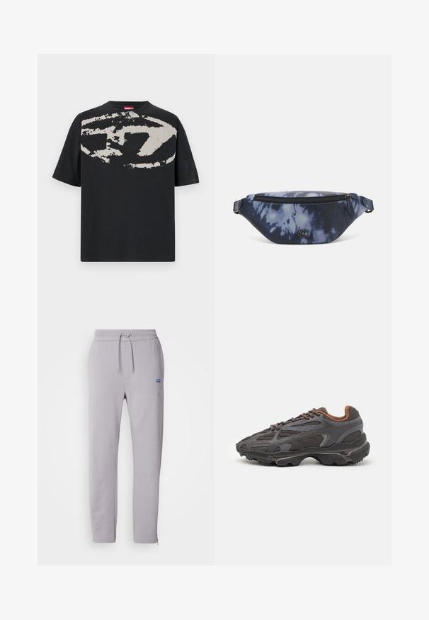 Zwarte T-shirt met een groot, abstract lichtgrijs grafisch ontwerp op de voorkant. Korte mouwen en een klassieke ronde halslijn. Gemaakt van katoen.; Lichtgrijze joggingbroek met een trekkoord in de taille, zijzakken en ritsen bij de enkels. Voorzien van een klein blauw logo aan de voorkant.; Lacoste sneakers in donkergrijs van mesh en synthetisch materiaal, met een gestructureerde zool en bruine accenten op de kraag en branding.; Fanny pack in donkerblauw tie-dye print met een ritssluiting bovenaan, textuur materiaal en een opvallend logo op de voorkant.