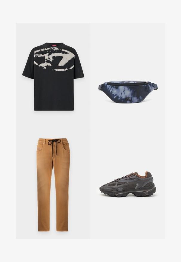 Tricou negru cu un grafic abstract mare de culoare gri deschis pe față. Mâneci scurte și un decolteu clasic rotund. Material din bumbac.; Pantaloni de culoare maro deschis, cu o textură moale, talie cu șnur elastic și detalii cu model la buzunar. Design cu picior drept și cusături brodate.; Adidași Lacoste de culoare gri închis, din material mesh și sintetic, cu o talpă texturată și accente maronii pe guler și branding.; Pungă tip fanny în imprimeu tie-dye de culoare albastru închis, cu un închidere tip fermoar, material texturat și un detaliu logo proeminent pe față.