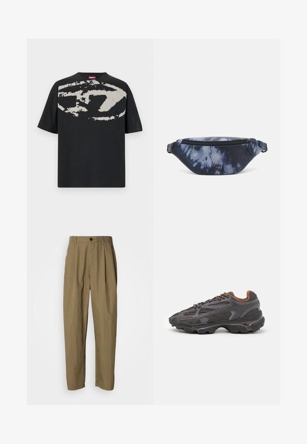 Svart t-skjorte med en stor, abstrakt lysegrå grafikk på forsiden. Korte ermer og en klassisk rund halslinning. Laget av bomull.; Kaki-fargede rette bukser med legg, beltehemper og en enkelt svart knapp i livet, vist på en hvit bakgrunn.; Lacoste-sneakers i mørkegrått med mesh- og syntetisk materiale, med en teksturert såle og brune detaljer på kragen og merket.; Mindre sekk i mørkeblå tie-dye mønster med glidelås på toppen, teksturert materiale og en fremtredende logo detalj på fronten.