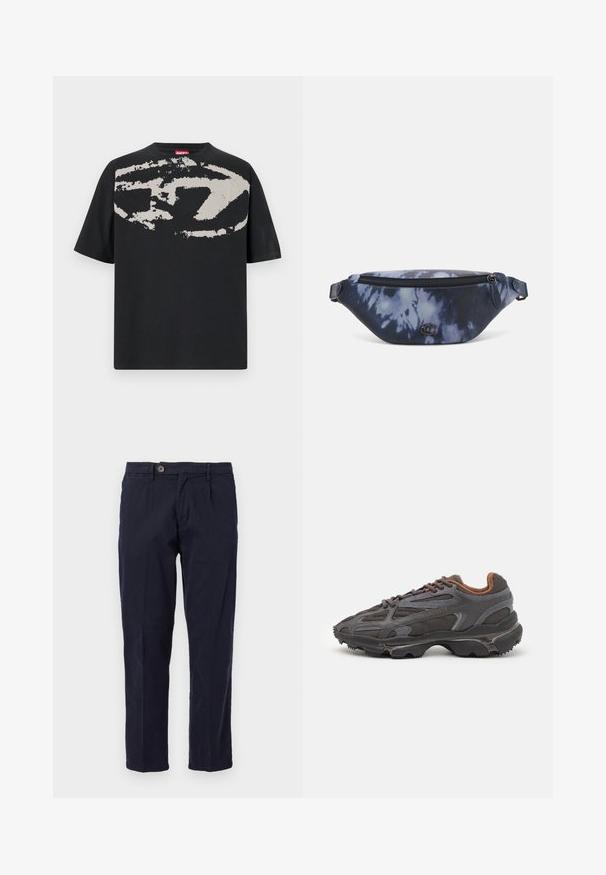Zwarte T-shirt met een groot, abstract lichtgrijs grafisch ontwerp op de voorkant. Korte mouwen en een klassieke ronde halslijn. Gemaakt van katoen.; Marineblauwe katoen chinos met rechte pijpen, een enkele knoopsluiting en schuine zijzakken. Soepele structuur met minimale kreukels.; Lacoste sneakers in donkergrijs van mesh en synthetisch materiaal, met een gestructureerde zool en bruine accenten op de kraag en branding.; Fanny pack in donkerblauw tie-dye print met een ritssluiting bovenaan, textuur materiaal en een opvallend logo op de voorkant.