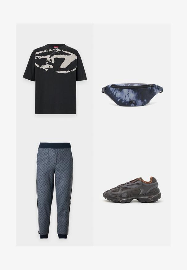 Schwarzes T-Shirt mit einem großen, abstrakten hellgrauen Grafik auf der Vorderseite. Mit kurzen Ärmeln und einem klassischen, runden Halsausschnitt. Aus Baumwolle.; Grau gemusterte Jogginghose mit einem eng anliegenden Bund, ausgestattet mit einem geometrischen Design und seitlichen Streifen, aus weichem Stoff mit gerippten Bündchen.; Lacoste Sneaker in Dunkelgrau aus Mesh und Synthetikmaterial, mit einer strukturierten Sohle und braunen Akzenten am Kragen und Logo.; Bauchtasche im dunkelblauen Batikdruck mit einem Reißverschluss oben, strukturiertem Material und einem auffälligen Logodetail auf der Vorderseite.