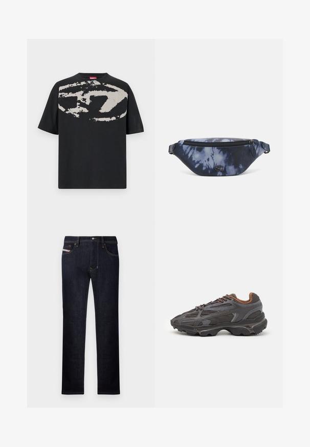 T-shirt nera con una grande grafica astratta grigia chiaro sul davanti. Maniche corte e scollatura rotonda classica. Materiale in cotone.; Jeans in denim blu scuro con design a gamba dritta, dotati di cinque tasche, chiusura con bottone e accenti di cucitura a contrasto.; Sneaker Lacoste grigie scure in materiale mesh e sintetico, con suola testurizzata e dettagli marroni sul colletto e sul branding.; Marsupio in stampa tie-dye blu scuro con una parte superiore con zip, materiale testurizzato e un logo ben visibile sul davanti.