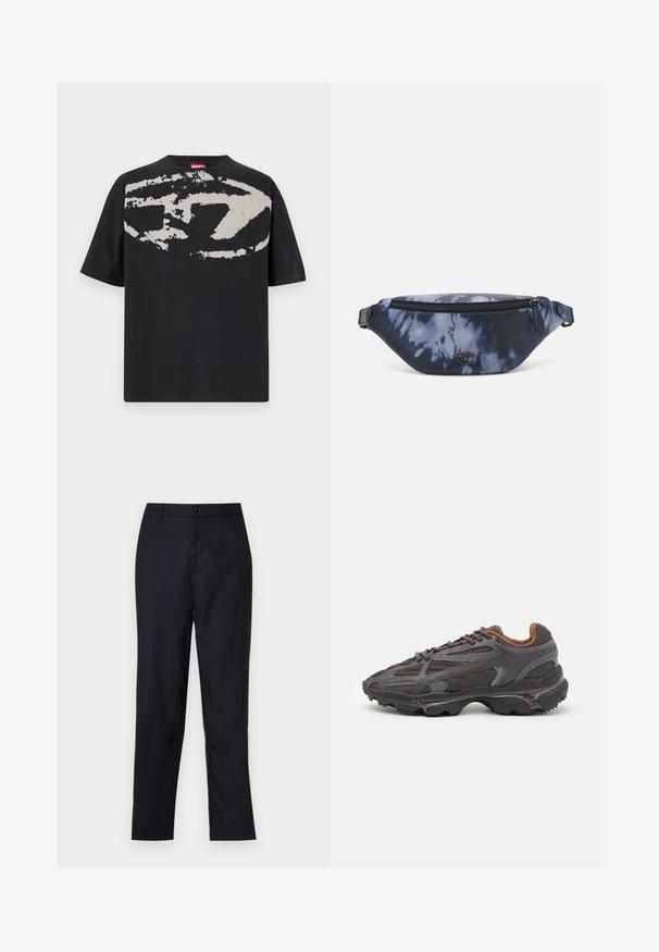 Črna majica s kratkimi rokavi, ki na sprednji strani prikazuje velik abstrakten svetlo sivi grafični motiv. Ima klasičen okrogli izrez in je izdelana iz bombaža.; Temno modri hlače iz gladkega blaga, s pravim krojem, enim gumbom za zapiranje in diskretnimi sprednjimi gubami.; Lacoste teniske v temno sivi barvi z mrežasto in sintetično prevleko, s teksturiranim podplatom in rjavimi detajli na ovratniku ter blagovni znamki.; Fanny pack v temno modrem tie-dye potisku z zipom na vrhu, teksturirane materiala in izraženo logotipno podrobnostjo spredaj.