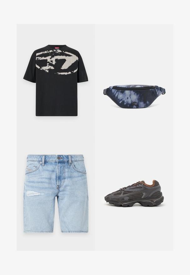T-shirt noir avec un grand motif abstrait gris clair sur le devant. Manches courtes et encolure ronde classique. Matière en coton.; Shorts en denim bleu clair avec un délavage usé, présentant un détail déchiré à la cuisse gauche et un design classique à cinq poches. Fermeture à bouton en métal.; Baskets Lacoste en gris foncé, en matériau mesh et synthétique, avec une semelle texturée et des accents marron sur le col et le branding.; Sac banane en imprimé tie-dye bleu marine avec un dessus zippé, en matériau texturé et un logo en évidence sur le devant.