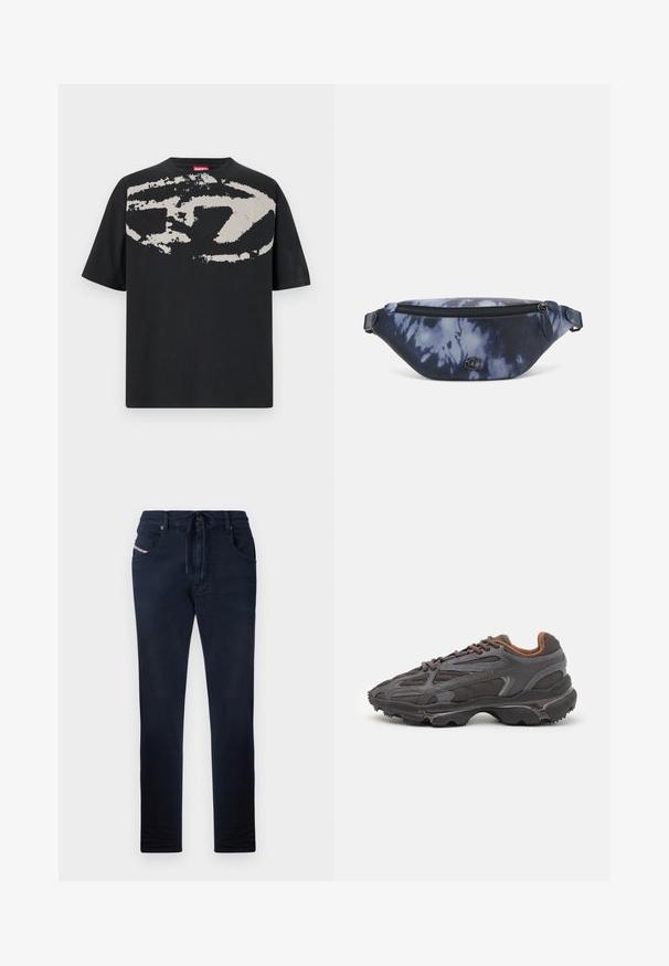 T-shirt nera con una grande grafica astratta grigia chiaro sul davanti. Maniche corte e scollatura rotonda classica. Materiale in cotone.; Pantaloni blu navy con vita regolabile, taglio dritto, due tasche frontali e dettaglio logo discreto sulla tasca sinistra. Texture liscia.; Sneaker Lacoste grigie scure in materiale mesh e sintetico, con suola testurizzata e dettagli marroni sul colletto e sul branding.; Marsupio in stampa tie-dye blu scuro con una parte superiore con zip, materiale testurizzato e un logo ben visibile sul davanti.