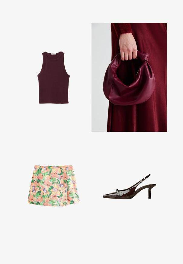 Bordowy bezrękawnik wykonany z miękkiego materiału bawełnianego. Posiada okrągły dekolt i dopasowany krój, idealny na codzienne noszenie.; Next - Spódnica mini; Brązowe lakierowane sandały z odkrytymi palcami, o spiczastym nosku, niskim obcasie i ozdobnym kokardkowym akcentem z przodu. Gładka, błyszcząca tekstura.; Bordowa skórzana torebka o miękkim, marszczonym wyglądzie i zaokrąglonym kształcie. Uchwyt jest zabezpieczony, co podkreśla gładką fakturę.