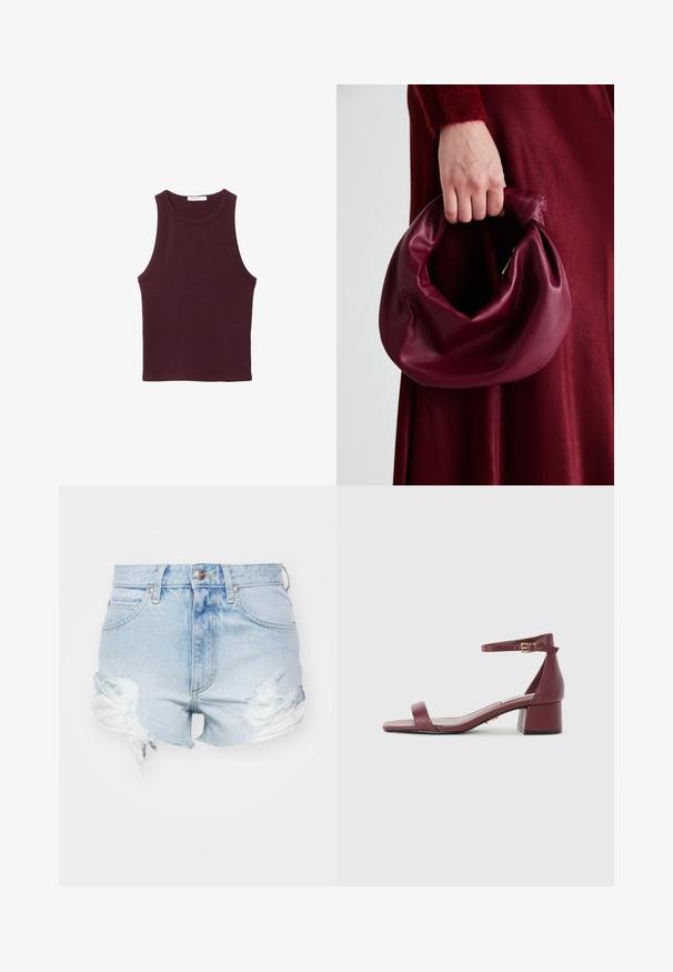 Bordo brezrokavnik iz mehkega bombaža. Ima okroglo ovratnik in prilegajoč dizajn, primeren za sproščeno nošenje.; Lee RIDER - Kratke hlače iz džinsa - bubbled over; Burgundska usnjena sandaala s kvadratnim nosom, tankim gležnjenjskim pasom, zlatnimi dodatki in masivnim blokastim petam. Gladka tekstura in minimalističen dizajn.; Bordo usnjeni ročni torbici s mehak, nabrana zasnova in okrogla oblika. Ročaj je varen in prikazuje gladko teksturo.