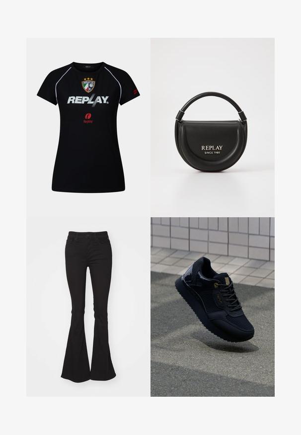 Schwarzes Sporthemd mit kurzen Ärmeln, weißen Paspeln, Replay FC-Wappen, großem weißen "REPLAY"-Text und kleinem roten Replay-Logo auf der Brust und dem Ärmel.; Schwarze, weite Jeans mit hoher Taille, mit einem standardmäßigen Knopf- und Reißverschluss, zwei Vordertaschen und einem leicht strukturierten Stoff.; Schwarze Sneaker mit einem Obermaterial aus Mesh, glänzenden Akzenten, goldenen Beschlägen, strukturierter Sohle und gepolstertem Kragen für Komfort.; Schwarze Lederhandtasche mit runder Form, Obergriff und silberner Hardware. Auf der Vorderseite befindet sich das Logo "REPLAY SINCE 1981".