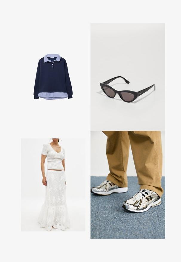 Marineblaue Sweatjacke mit darunter liegender gestreifter blauer Kragenlage, die drei Knöpfe am Hals und gerippte Bündchen aufweist.; Weißes Strickoberteil mit kurzen Ärmeln und V-Ausschnitt. Fließender weißer Rock mit Spitzenüberzug, fransigem Saum und floralem Muster.; Weiße und silberne New Balance Sneaker mit schwarzen Akzenten und Schnürsenkeln, ausgestattet mit einem Mesh-Obermaterial, gepolsterten Sohlen und dynamischem Design.; Cat-Eye-Sonnenbrille mit mattem schwarzen Rahmen und dunklen Gläsern, mit "Vogue"-Branding an der Seite und einer markanten, eckigen Form.
