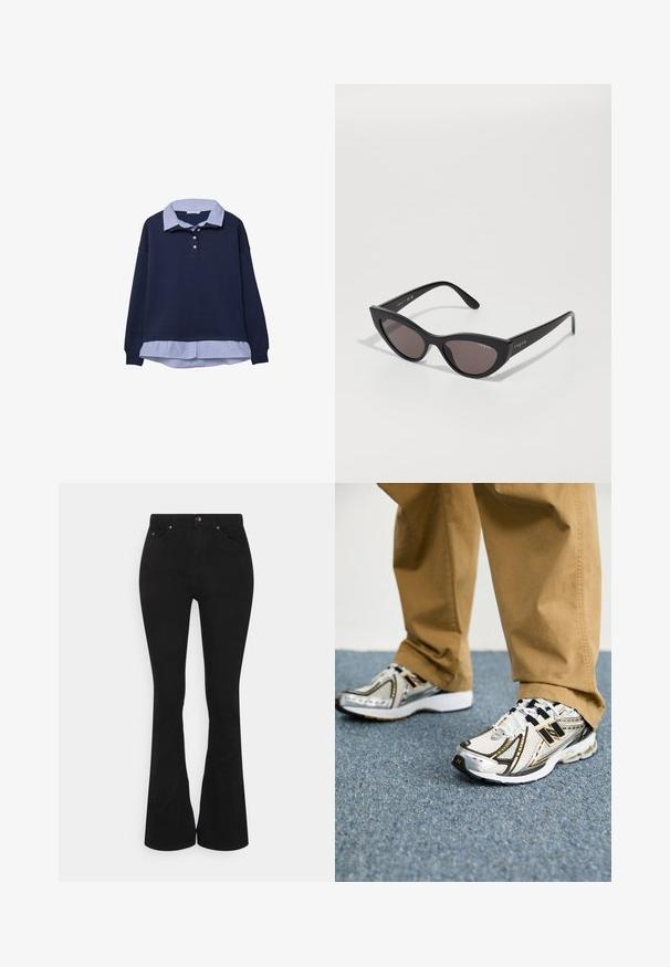 Marineblaue Sweatjacke mit darunter liegender gestreifter blauer Kragenlage, die drei Knöpfe am Hals und gerippte Bündchen aufweist.; Schwarze Schlagjeans mit hoher Taille, aus einer weichen Baumwollmischung hergestellt. Verfügt über vordere Taschen, einen Metallknopfverschluss und dezente Nähedetails.; Weiße und silberne New Balance Sneaker mit schwarzen Akzenten und Schnürsenkeln, ausgestattet mit einem Mesh-Obermaterial, gepolsterten Sohlen und dynamischem Design.; Cat-Eye-Sonnenbrille mit mattem schwarzen Rahmen und dunklen Gläsern, mit "Vogue"-Branding an der Seite und einer markanten, eckigen Form.