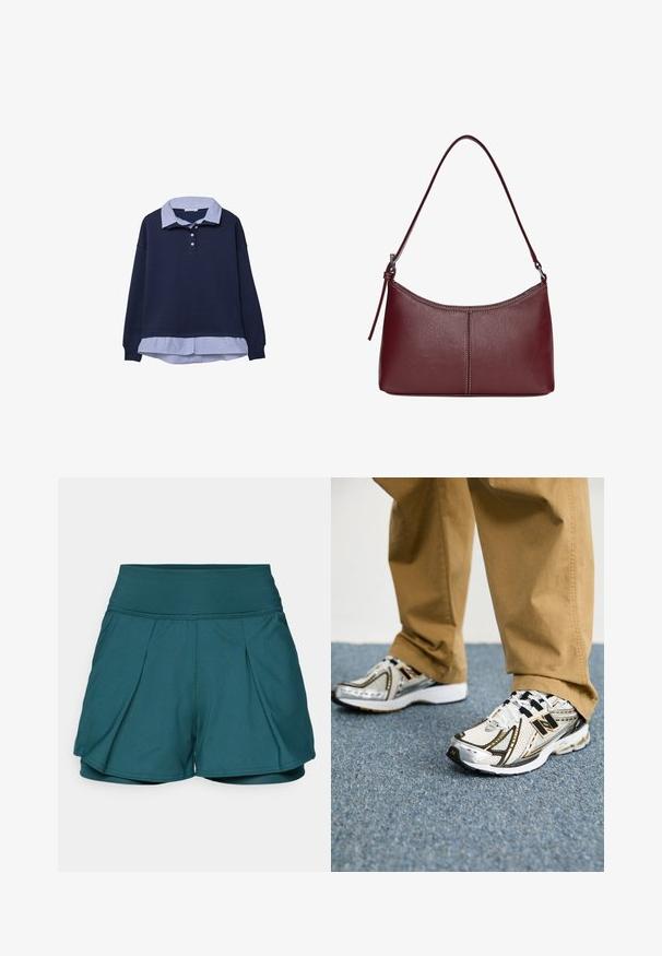 Merinovärinen huppari, jonka alla on raidallinen sininen pusero. Kauluksessa on kolme nappia ja hihansuissa ribbikuvio.; Teal urheilushortsit, joissa on korkea vyötärö, laskokset, sileä pinta ja hengittävää kangasta. Sopivat aktiiviseen käyttöön.; Valkoiset ja hopeiset New Balance -lenkkarit, joissa on mustat yksityiskohdat ja nauhat, verkkomateriaali yläosassa, pehmeä pohja ja dynaaminen muotoilu.; Maroon-värinen nahkalaukku, jossa on kaareva muoto, yksi olkahihna ja keskellä ommeltu yksityiskohta. Sileä pinta, minimaalinen varustelu.