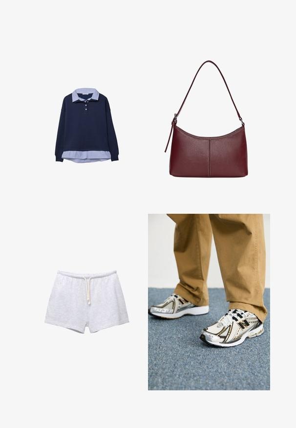 Felpa blu navy con uno strato sottostante a collare a righe blu, dotata di tre bottoni sul collo e polsini a coste.; Pantaloni corti grigi in cotone con vita elastica e cordoncino. Tessuto morbido e design semplice, privo di motivi o dettagli.; Sneaker New Balance bianchi e argentati con accenti e lacci neri, caratterizzati da una tomaia in mesh, una suola ammortizzata e un design dinamico.; Borsa a tracolla in pelle bordeaux con forma curvata, una sola tracolla e dettagli cuciti al centro. Texture liscia, hardware minimale.