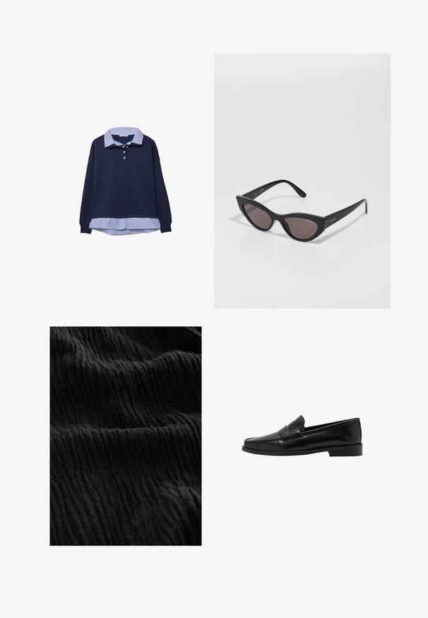 Marineblå sweatshirt med et stribet blåt lag med krave under, med tre knapper ved halsen og ribbede manchetter.; Sort krøllet stof med en tekstureret overflade, der indeholder dybe ribber og varierende nuancer, hvilket skaber et tredimensionelt udseende.; Mango Loafers - black; Cat-eye solbriller med en mat sort ramme og mørke linser, der har "vogue" branding på siden og en karakteristisk vinklet form.