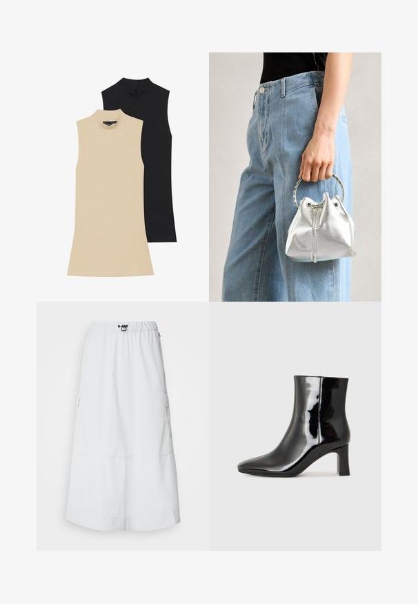Divi bezpiedurkļu riboti turtlenuki: viens bēšs, otrs melns. Abi ir ar pieguļošu dizainu un augstu apkakli, kā arī redzamām šuvju detaļām.; Ecoalf SKIRT WOMAN - A-silueta svārki - light grey; Melnas patentētas ādas potīšu zābaki ar norādītu pirkstu un vidēja augstuma kvadrātveida papēdi. Gluda tekstūra un minimālisma dizains.; Metāliskā sudraba somiņa ar teksturētu apdari, rotāta ar sudraba apaļu rokturi un aukliņu aizdari, turēta pretī gaišziliem džinsiem.