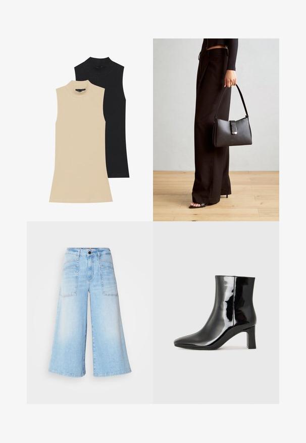 Kaksi hihattomaa ribbibaskeria: yksi beige ja yksi musta. Molemmissa on tiukka malli ja korkea kaulus, jossa on näkyviä ompeleita.; Vaaleansiniset farkkuculotteet, joissa on leveät lahkeet, etu- ja takataskut sekä nappikiinnitys vyötäröllä. Sileä pinta.; Musta patenttilakattu nilkkuri, jossa on terävä kärki ja keskipitkä lohkarekorko. Silkkinen pinta ja minimalistinen muotoilu.; Musta käsilaukku, jossa on rakenteellinen muoto, sileä pinta ja metallinen solki. Yhdistetty leveisiin mustiin housuihin ja avonaiheisiin sandaaleihin puulattialla.