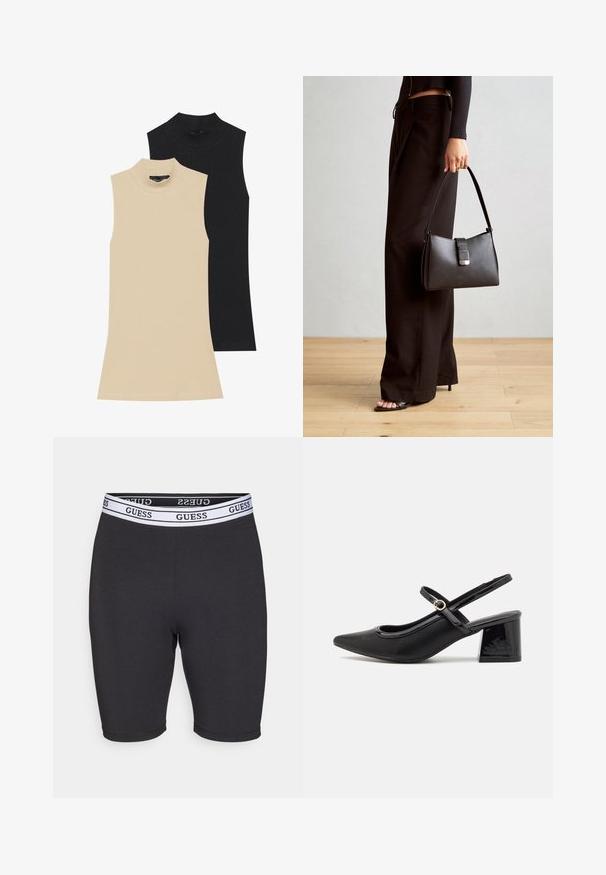 Δύο αμάνικες ριμπ τερνέργες: μία μπεζ και μία μαύρη. Και οι δύο διαθέτουν εφαρμοστό σχέδιο και ψηλό λαιμό με ορατές ραφές.; Μαύρα κοντά σορτς από ελαστικό βαμβάκι με εφαρμοστή γραμμή, διαθέτοντας λευκή ζώνη με το λογότυπο 'GUESS'. Λείο υλικό, μήκος μέχρι το μέσο των μηρών.; Μαύρα παπούτσια γοβάκια από πατενταρισμένο δέρμα με γωνιαστό μπροστινό μέρος, στρογγυλή κοπή και τετράγωνο τακούνι. Διαθέτουν μια χρυσή αγκράφα ως διακοσμητικό στοιχείο.; Μαύρη τσάντα χειρός με δομημένο σχήμα, λεία υφή και μεταλλικό κούμπωμα. Συνδυασμένη με φαρδιά μαύρα παντελόνια και σανδάλια ανοιχτής μύτης πάνω σε ξύλινο πάτωμα.