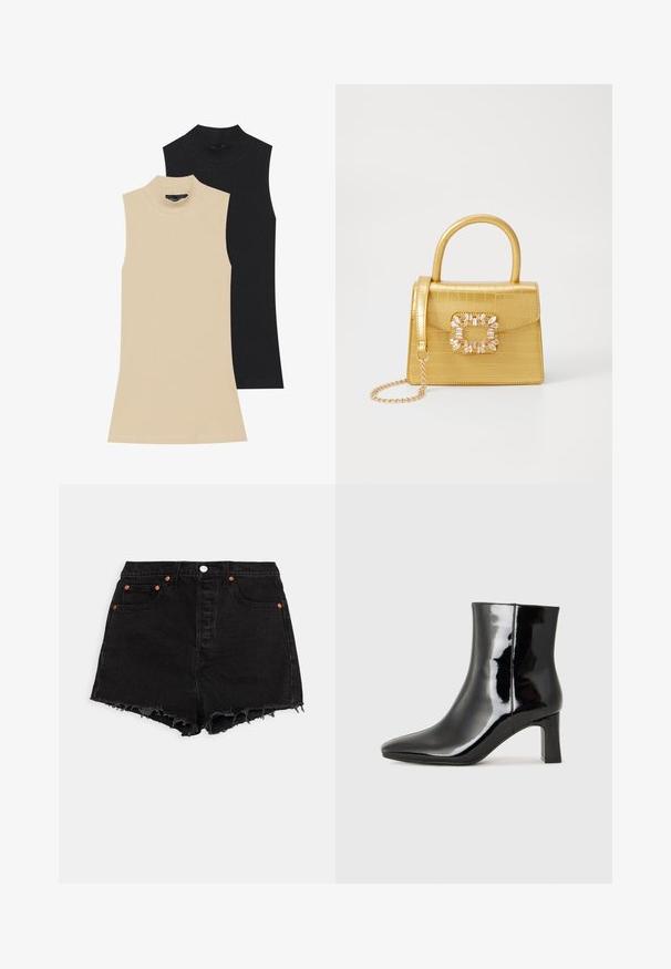 Kaksi hihattomaa ribbibaskeria: yksi beige ja yksi musta. Molemmissa on tiukka malli ja korkea kaulus, jossa on näkyviä ompeleita.; Levi's® RIBCAGE - Farkkushortsit - black bayou; Musta patenttilakattu nilkkuri, jossa on terävä kärki ja keskipitkä lohkarekorko. Silkkinen pinta ja minimalistinen muotoilu.; Keltainen keinonahkainen krokotiililaukku, jossa on jämäkkä muotoilu, yläkahva, irrotettava ketjusanka ja koristeellinen kristallikoristelu lukossa.